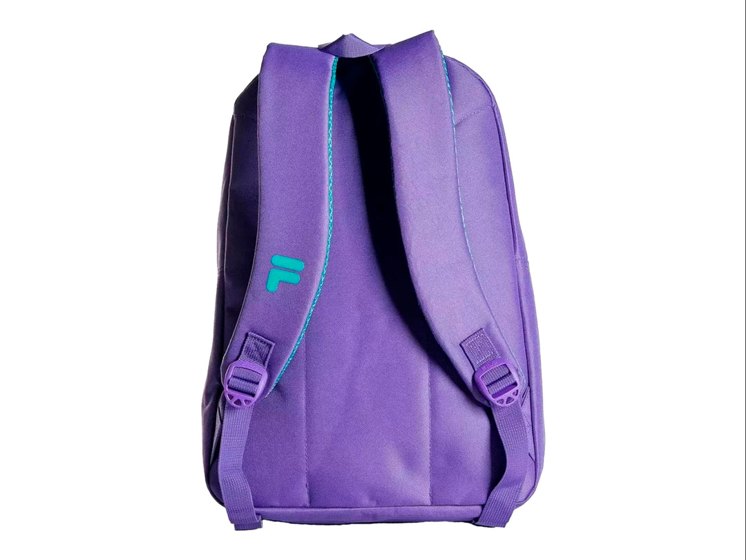 Mochila escolar FILA de color morado con detalles en turquesa y logotipo frontal.