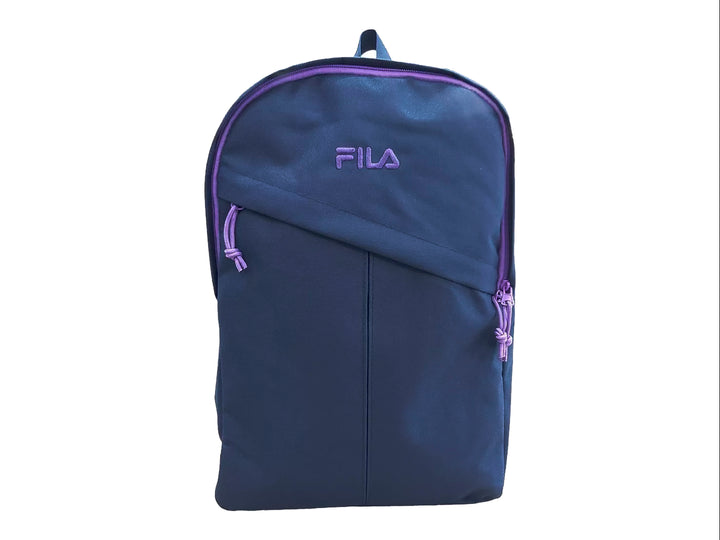 Mochila escolar FILA color azul marino con detalles y logotipo en color morado.