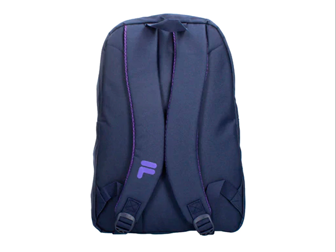 Mochila escolar FILA color azul marino con detalles y logotipo en color morado.