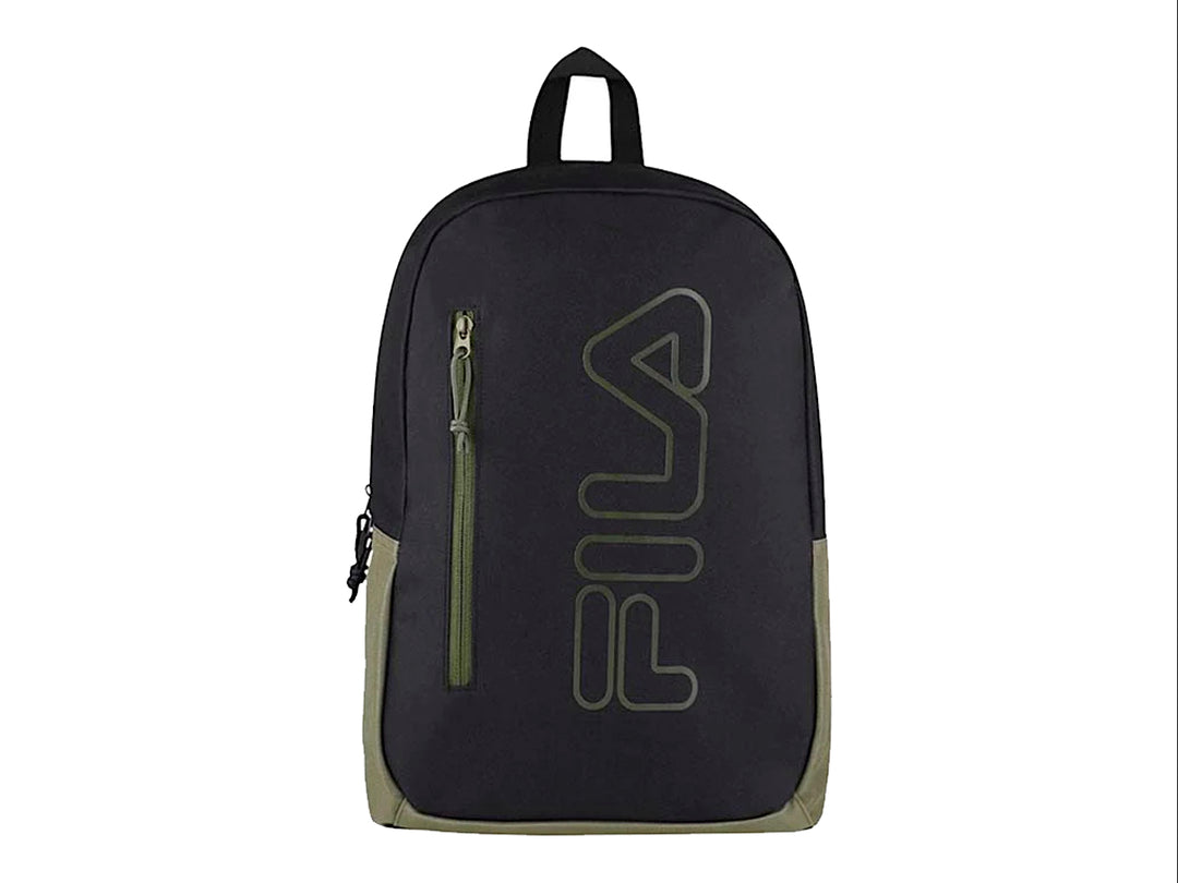 Mochila FILA de color negro con detalles en verde olivo y logotipo frontal grande.