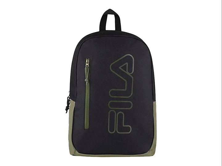 Mochila FILA de color negro con detalles en verde olivo y logotipo frontal grande.