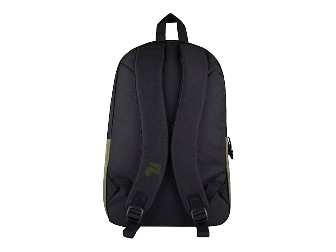 Mochila FILA de color negro con detalles en verde olivo y logotipo frontal grande.