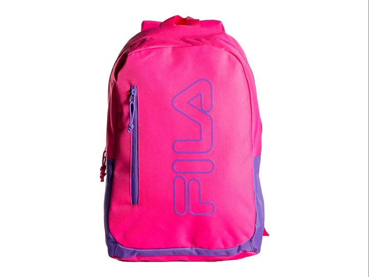 Mochila escolar FILA en color magenta con detalles y logotipo en morado.
