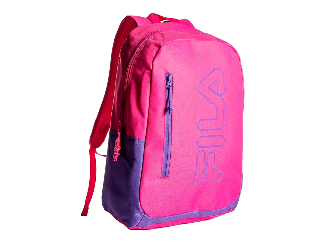 Mochila escolar FILA en color magenta con detalles y logotipo en morado.