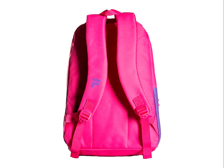 Mochila escolar FILA en color magenta con detalles y logotipo en morado.