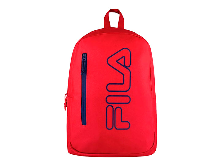 Mochila escolar FILA de color rojo con detalles y logotipo en azul marino, diseño deportivo unisex.