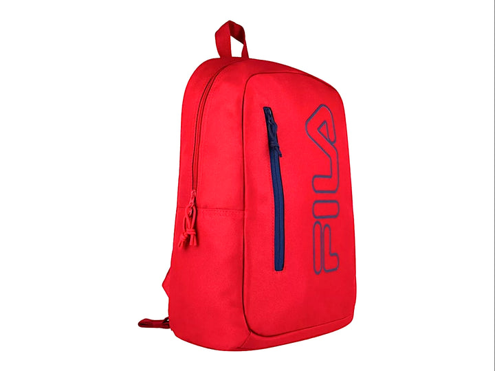 Mochila escolar FILA de color rojo con detalles y logotipo en azul marino, diseño deportivo unisex.