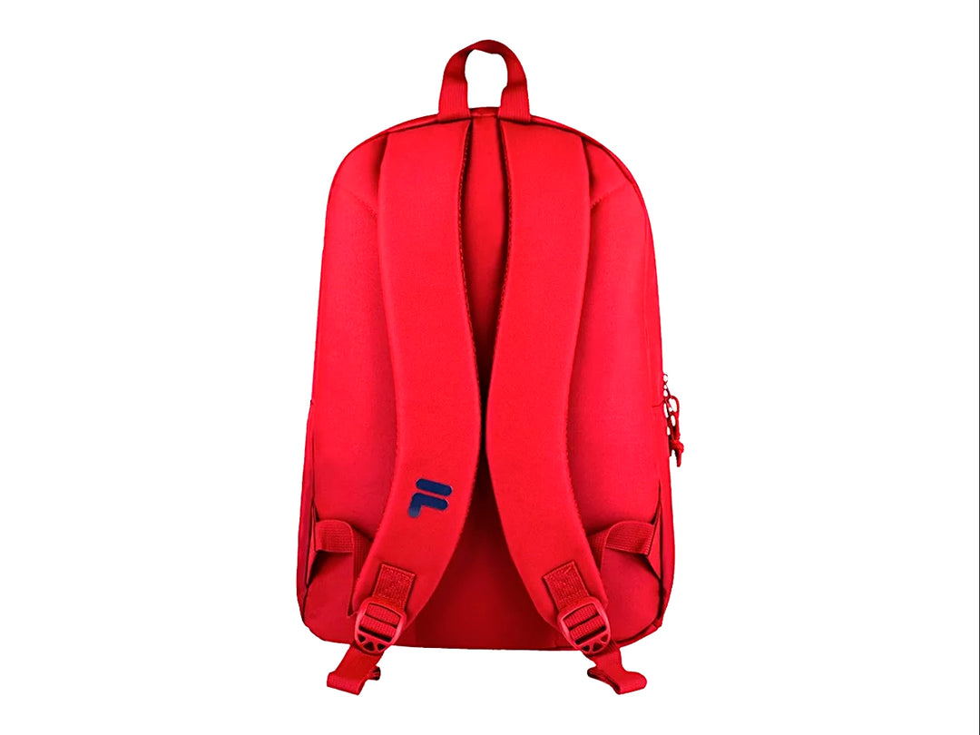 Mochila escolar FILA de color rojo con detalles y logotipo en azul marino, diseño deportivo unisex.