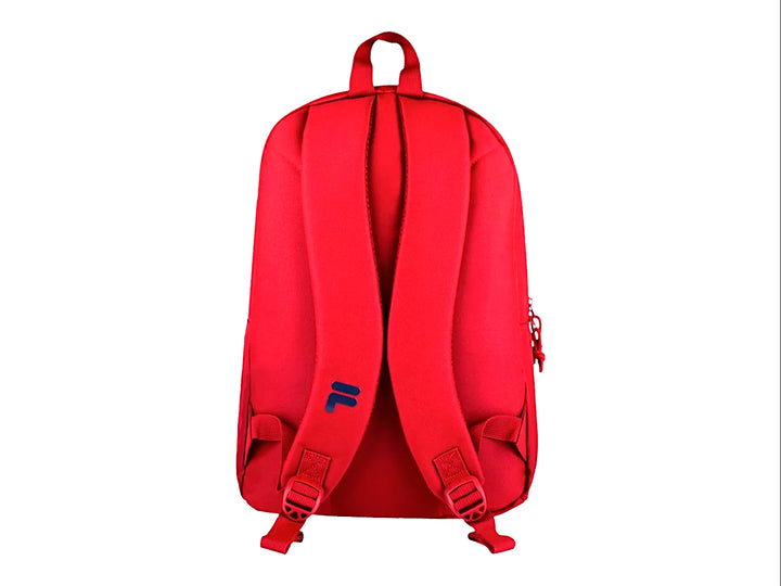 Mochila escolar FILA de color rojo con detalles y logotipo en azul marino, diseño deportivo unisex.