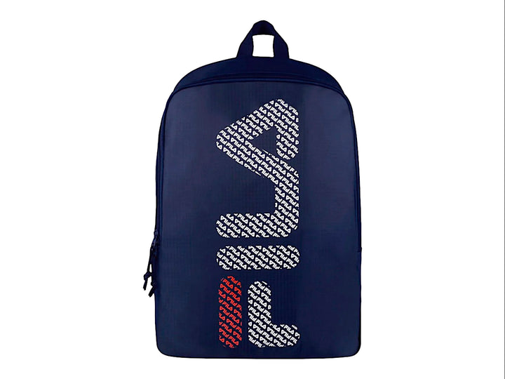 Mochila Fila color azul marino con logotipo blanco y rojo en formato vertical sobre el frente.