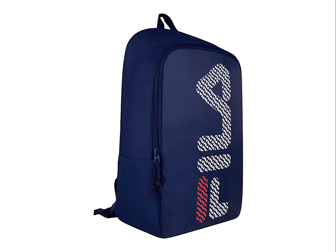 Mochila Fila color azul marino con logotipo blanco y rojo en formato vertical sobre el frente.