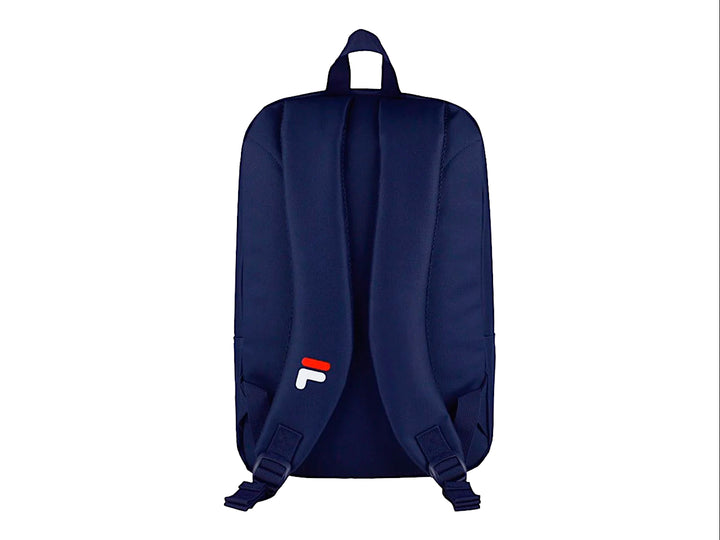 Mochila Fila color azul marino con logotipo blanco y rojo en formato vertical sobre el frente.