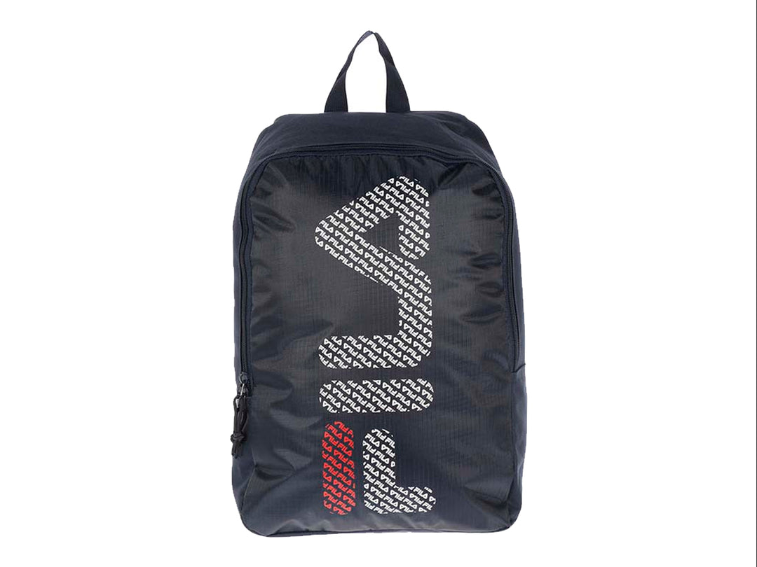 Mochila deportiva FILA de color negro con logotipo estampado en blanco y rojo en la parte frontal.