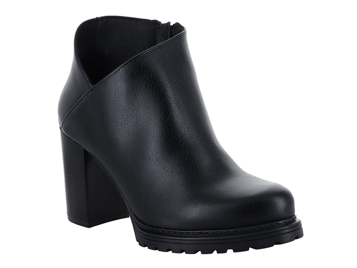 Botín negro de tacón grueso y suela dentada para mujer, estilo casual.