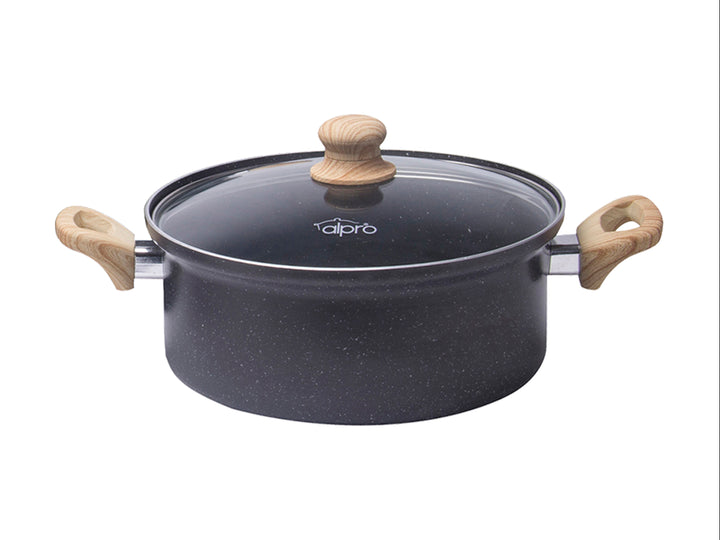 Set de batería de cocina negro de 9 piezas con mangos color madera y utensilios de cocina.