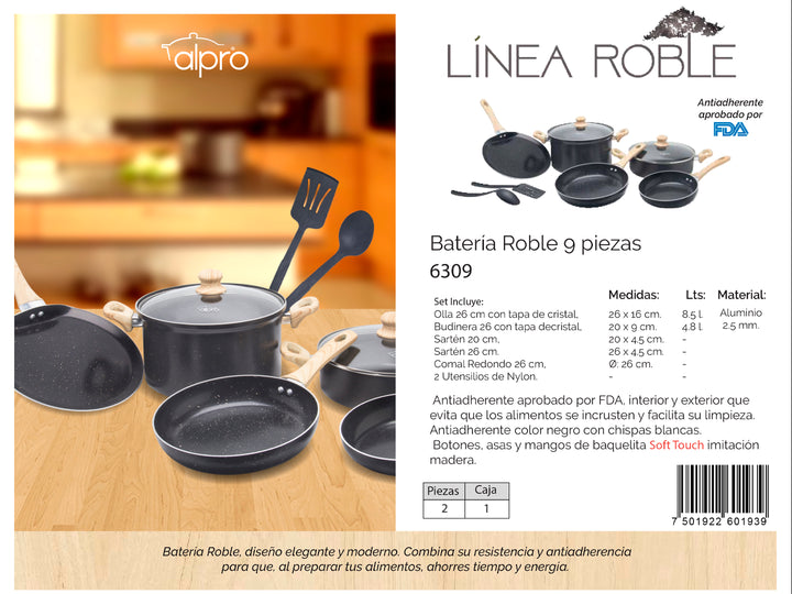 Set de batería de cocina negro de 9 piezas con mangos color madera y utensilios de cocina.