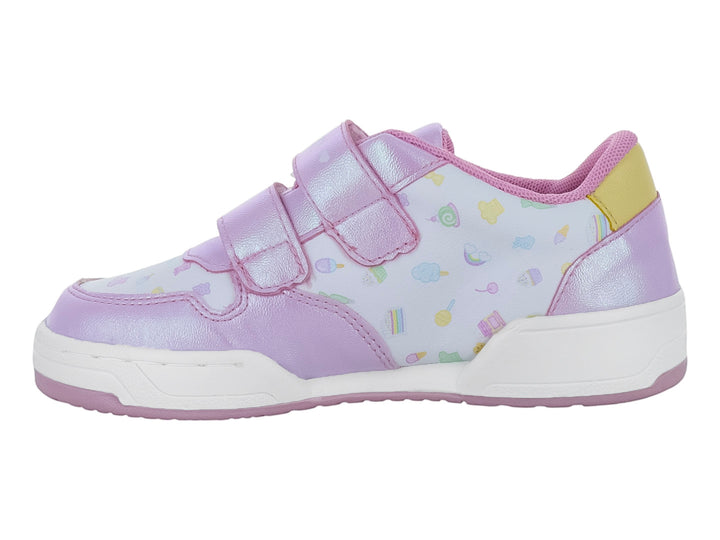 Tenis deportivos para niña en colores blanco y morado con estampado de personaje y cierre de velcro.