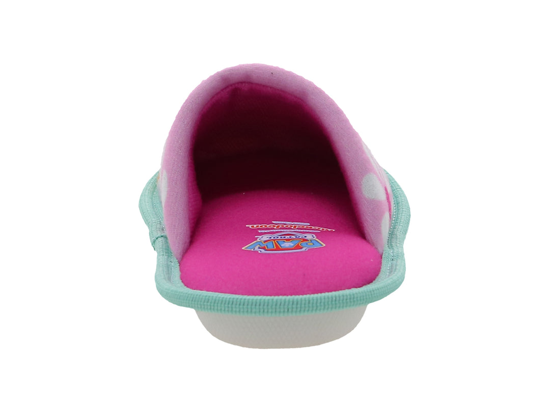 Par de pantuflas rosas para niña con personajes de Paw Patrol y borde turquesa.
