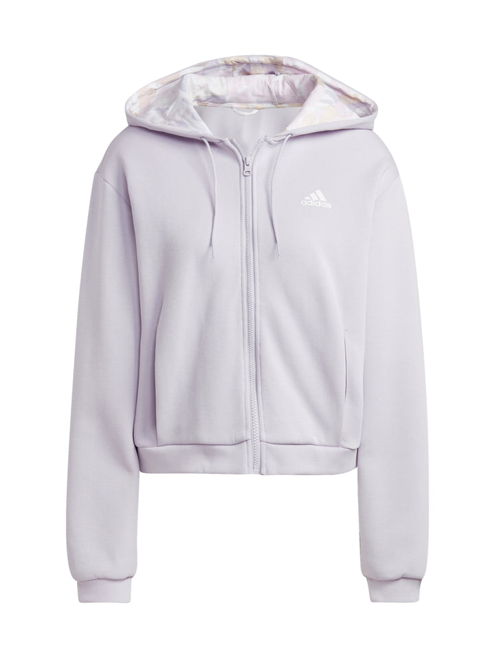 Sudadera con capucha y cierre frontal color morado claro de la marca Adidas.