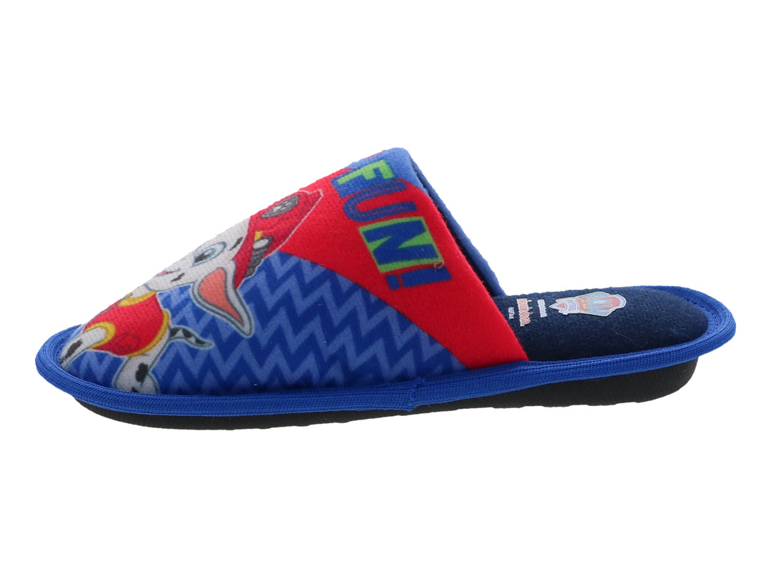 Par de pantuflas infantiles azul marino con estampados coloridos de los personajes de Paw Patrol.