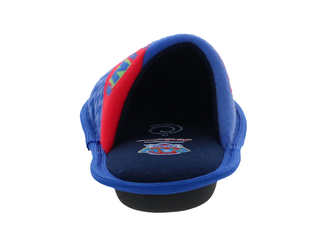 Par de pantuflas infantiles azul marino con estampados coloridos de los personajes de Paw Patrol.