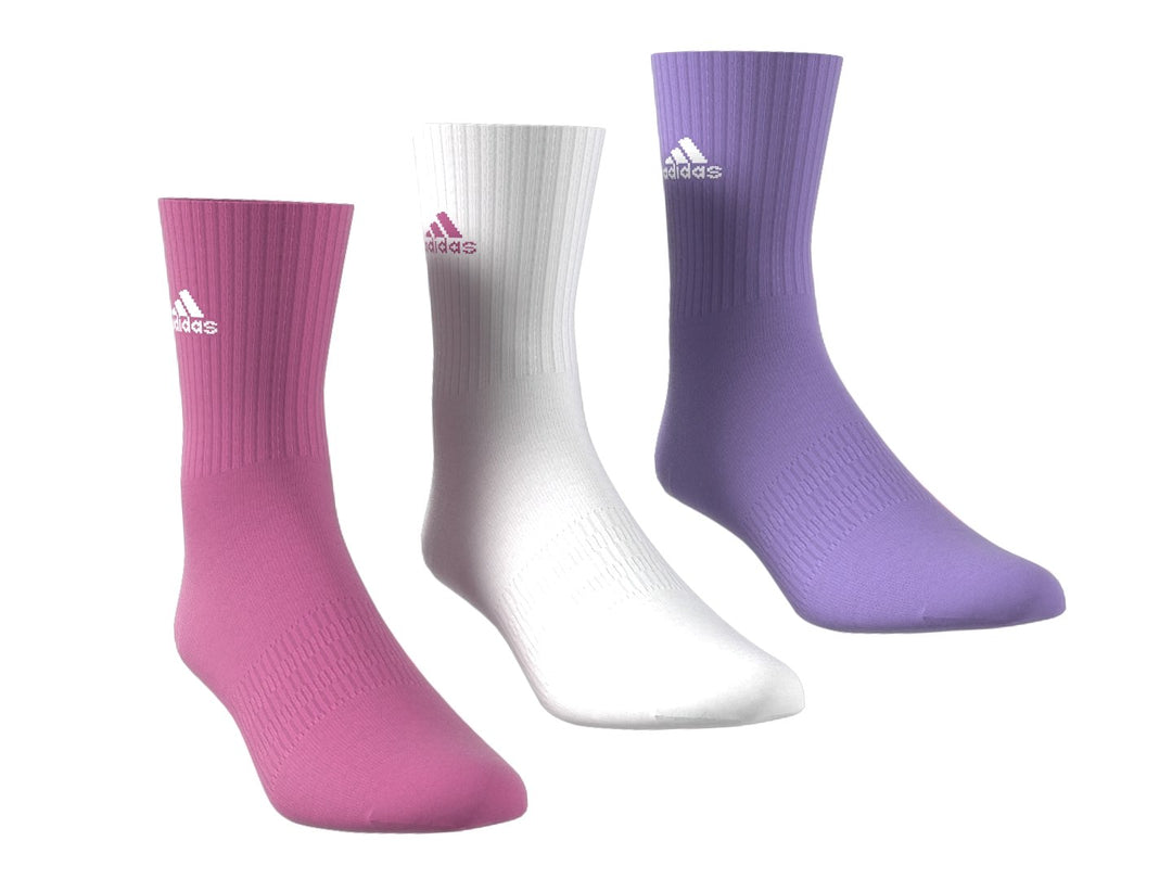 Paquete de tres pares de calcetines Adidas en colores fucsia, blanco y violeta.