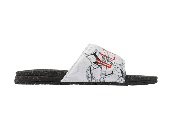Sandalia deslizable DC Shoes con suela negra y correa blanca con diseño gráfico en rojo y negro.
