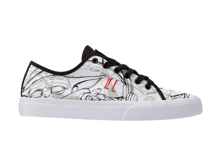 Tenis blancos de lona con agujetas negras y estampado de Grogu de Star Wars.