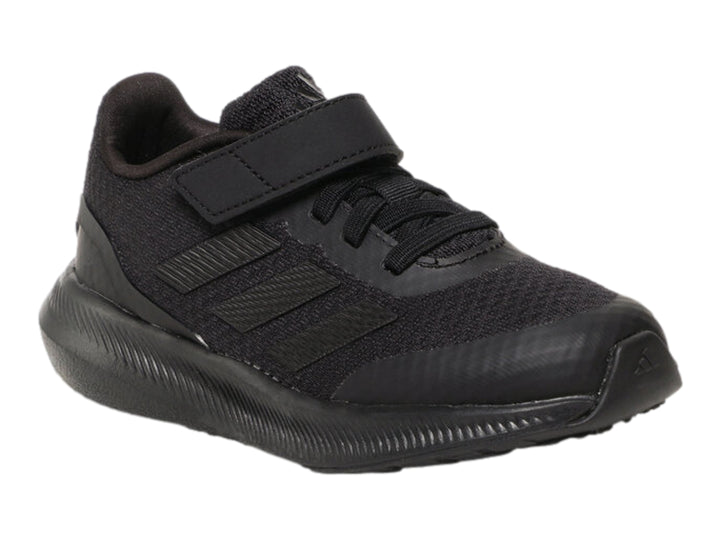 Tenis deportivos Adidas Runfalcon 3.0 en color negro total con correa de ajuste y malla transpirable.