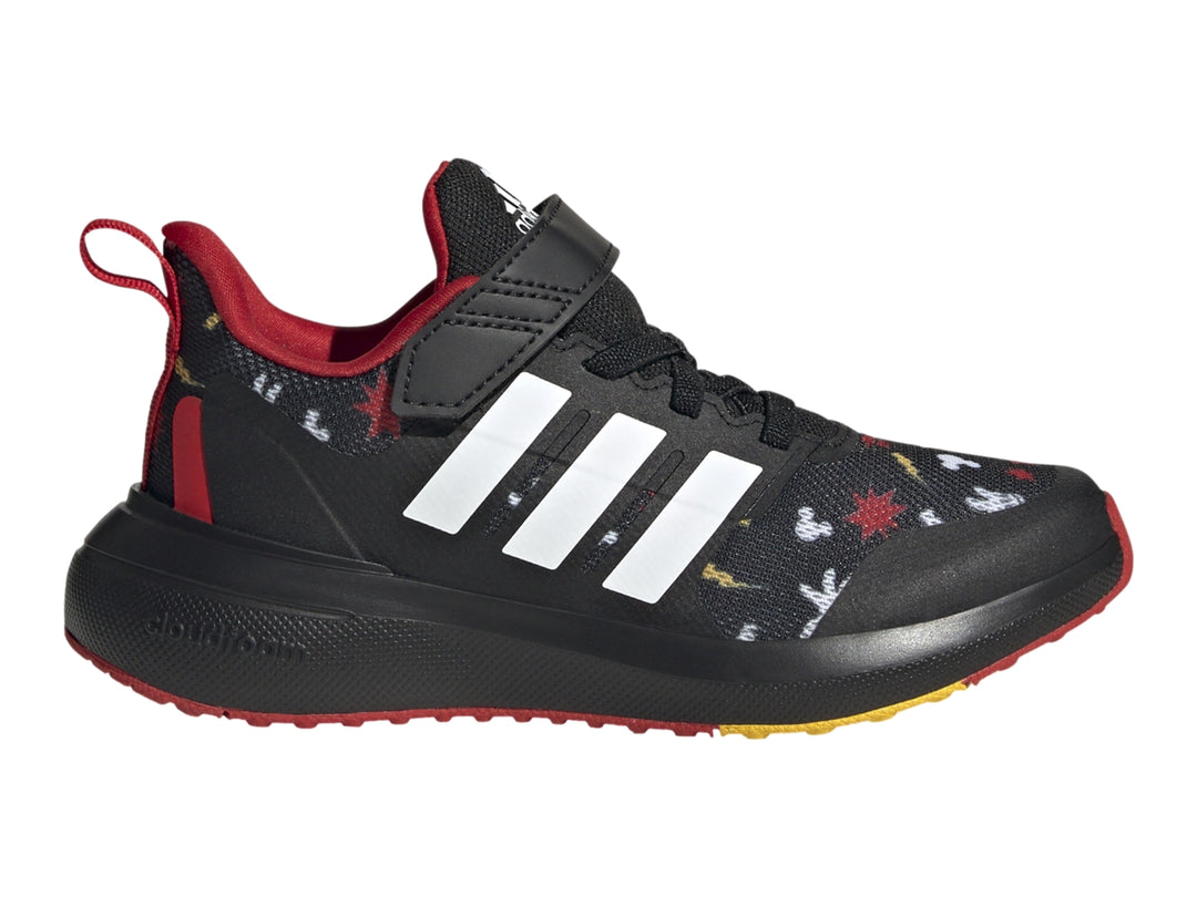Tenis Adidas Runfalcon 2.0 color negro con detalles en rojo y blanco, correa de velcro y estampado de Mickey Mouse.