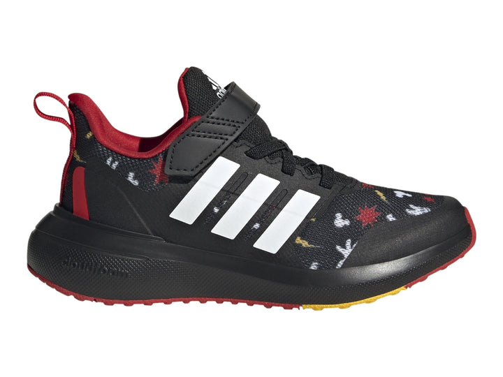 Tenis Adidas Runfalcon 2.0 color negro con detalles en rojo y blanco, correa de velcro y estampado de Mickey Mouse.