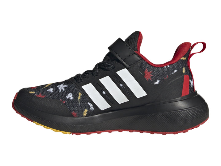 Tenis Adidas Runfalcon 2.0 color negro con detalles en rojo y blanco, correa de velcro y estampado de Mickey Mouse.