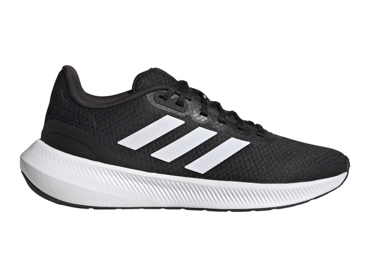 Tenis deportivos Adidas Runfalcon 3.0 color negro con suela y franjas blancas.