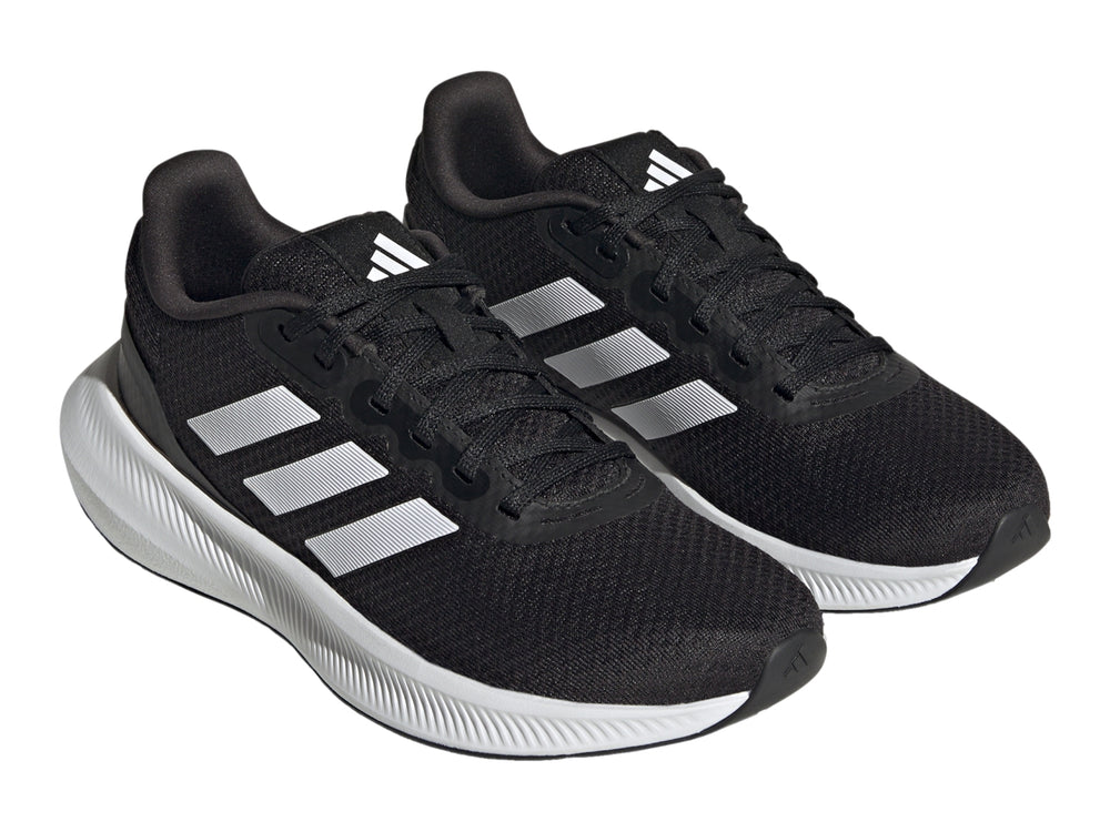 Tenis deportivos Adidas Runfalcon 3.0 color negro con suela y franjas blancas.