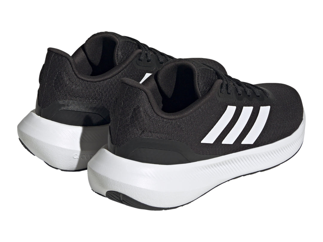 Tenis deportivos Adidas Runfalcon 3.0 color negro con suela y franjas blancas.