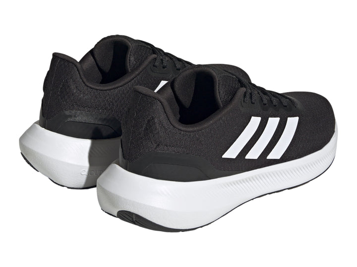 Tenis deportivos Adidas Runfalcon 3.0 color negro con suela y franjas blancas.
