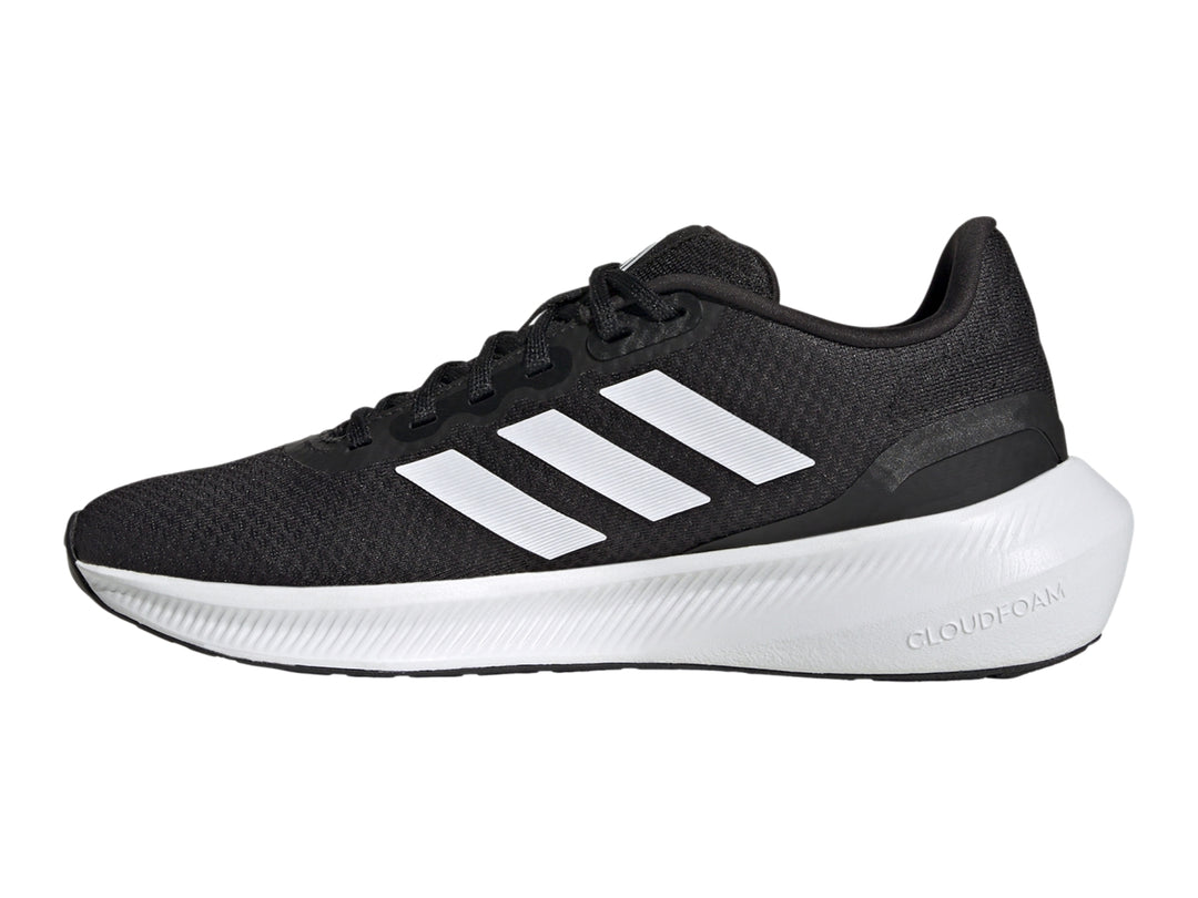Tenis deportivos Adidas Runfalcon 3.0 color negro con suela y franjas blancas.