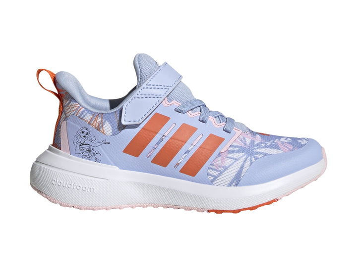 Tenis Adidas Fortarun 2.0 Moana para niña en colores azul, naranja y blanco con cierre de velcro.