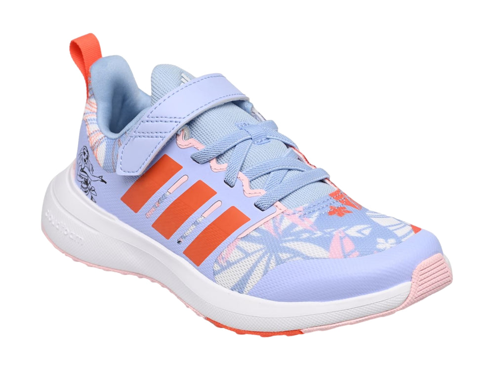 Tenis Adidas Fortarun 2.0 Moana para niña en colores azul, naranja y blanco con cierre de velcro.