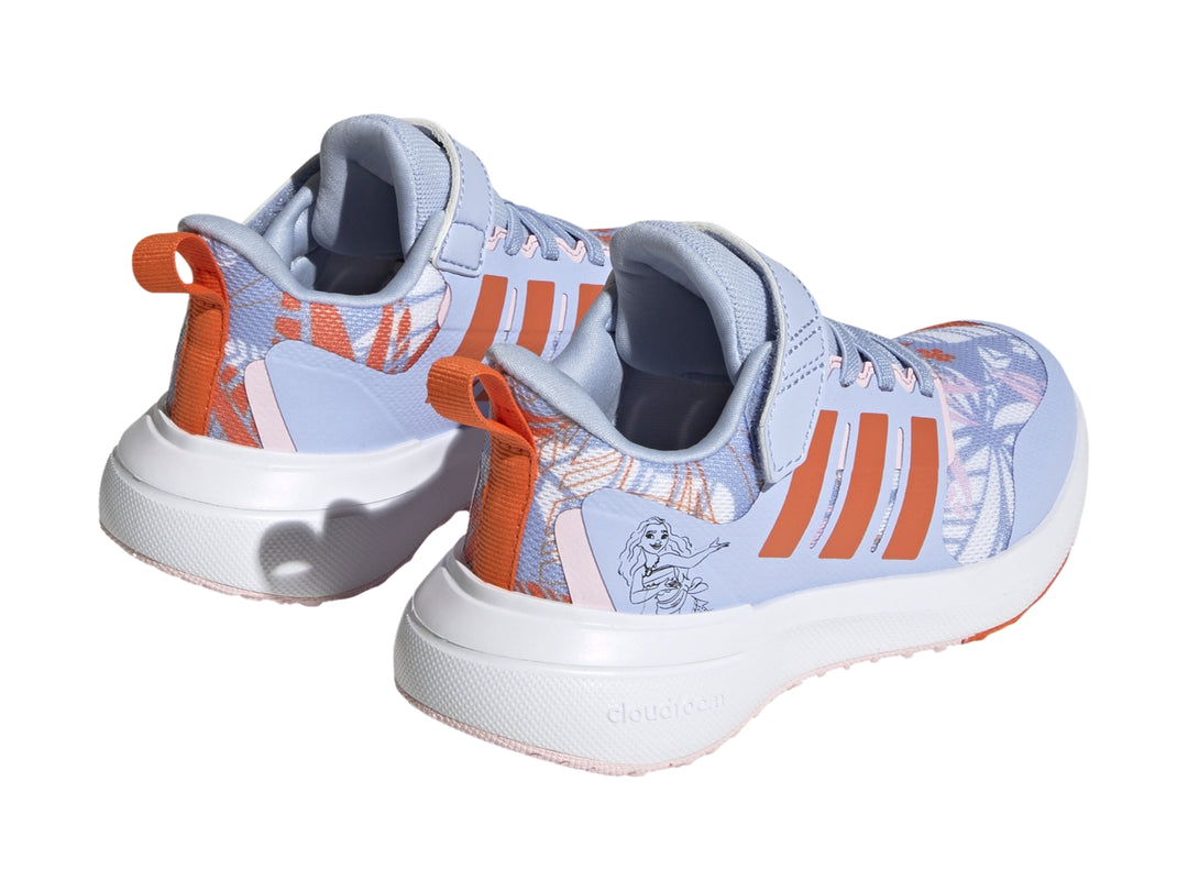 Tenis Adidas Fortarun 2.0 Moana para niña en colores azul, naranja y blanco con cierre de velcro.