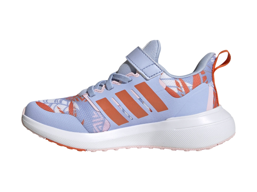 Tenis Adidas Fortarun 2.0 Moana para niña en colores azul, naranja y blanco con cierre de velcro.