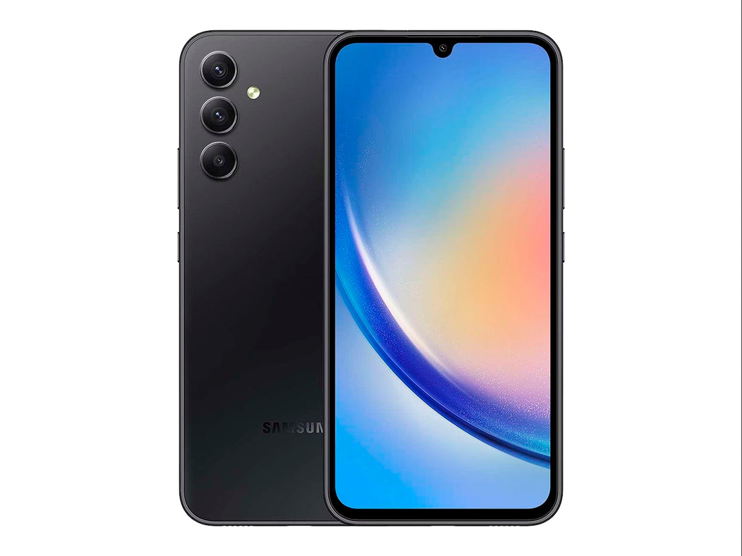 Smartphone Samsung Galaxy A34 color grafito, vista frontal y posterior sobre fondo blanco.