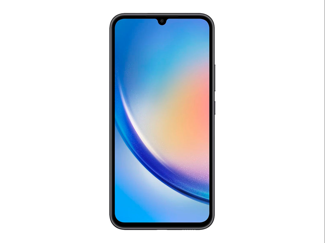 Smartphone Samsung Galaxy A34 color grafito, vista frontal y posterior sobre fondo blanco.