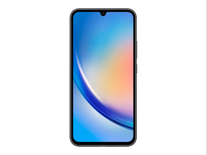 Smartphone Samsung Galaxy A34 color grafito, vista frontal y posterior sobre fondo blanco.