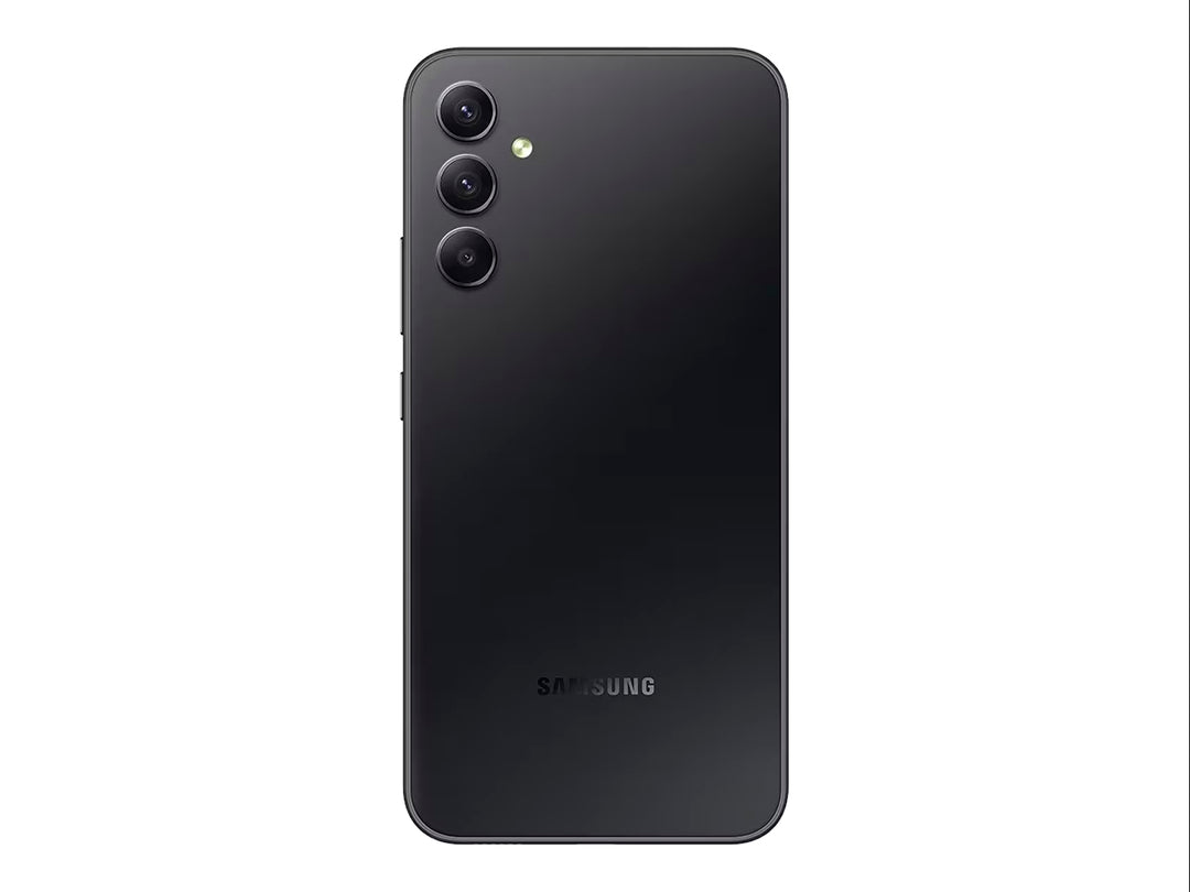 Smartphone Samsung Galaxy A34 color grafito, vista frontal y posterior sobre fondo blanco.