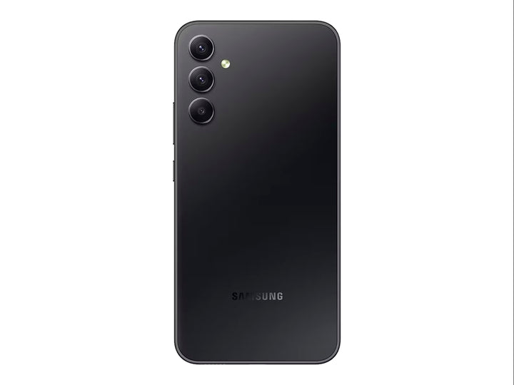 Smartphone Samsung Galaxy A34 color grafito, vista frontal y posterior sobre fondo blanco.