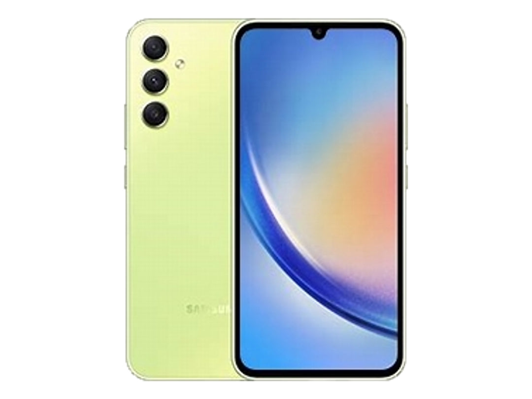 Teléfono inteligente Samsung Galaxy A34 en color lima, vista frontal y posterior.