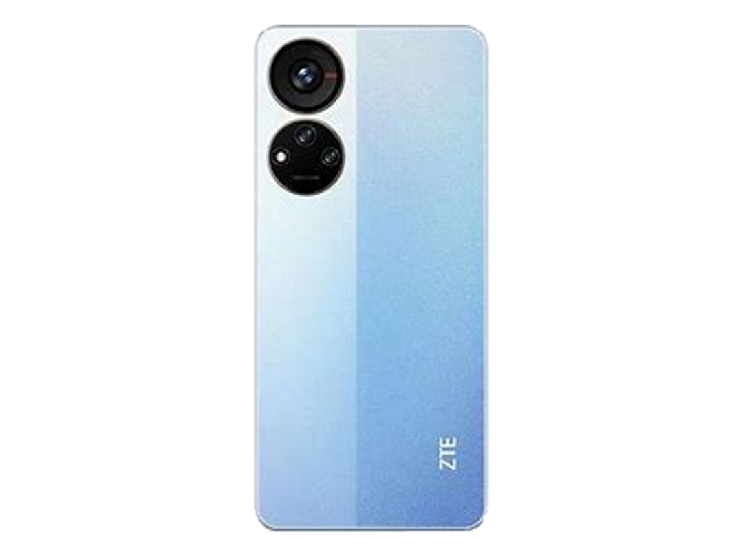 Vista trasera de un teléfono inteligente ZTE Axon 40 en color azul con módulo de cámara doble negro.