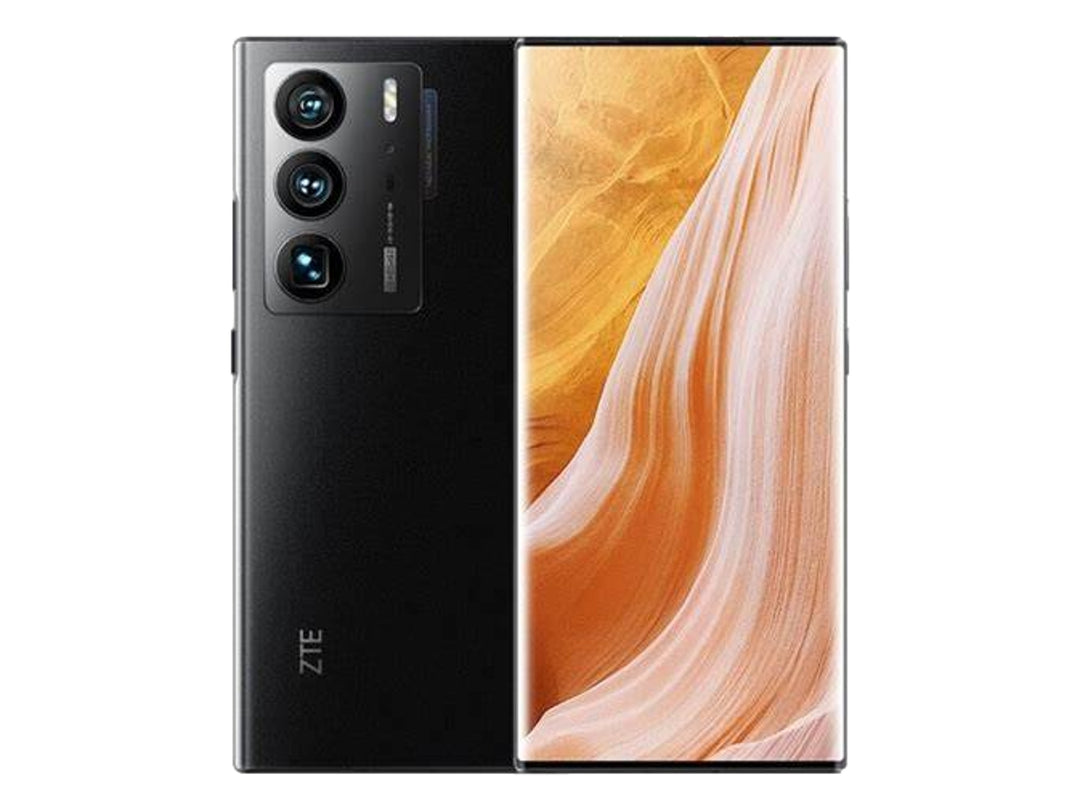 Smartphone ZTE Axon 40 color negro, vista frontal y trasera mostrando pantalla y sistema de cámaras.