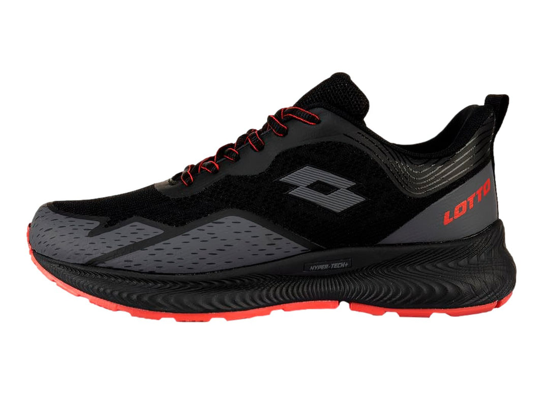Tenis deportivos Lotto color negro con suela y detalles en rojo.
